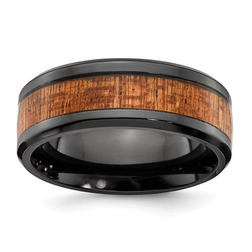 Polished Black Ring with Wood Inlay