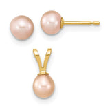 14K Round Pink Pearl Earring and Pendant Set